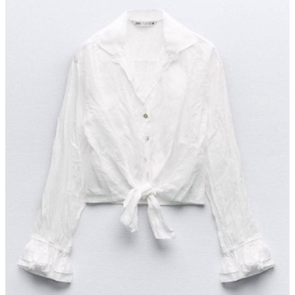 Zara White Ramie Tie Front Crop Blouse Ruffle Cuff Long Sleeve L Boho Feminine - Picture 3 of 13